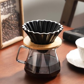 Bincoo 400ML Pour Over Coffee Maker Set with Filter Paper,Ceramic Coffee Dripper with Wood Stand Set for 1-2 Cups-Professional Brewing Tools for Pour Over & Drip for Home Office (Black)