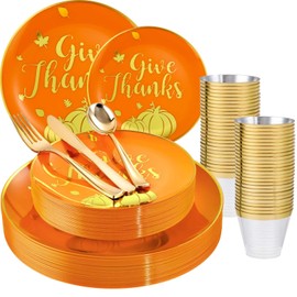WELLIFE 180Pcs Thanksgiving Gold Plastic Plates with Disposable Plastic Silverware, Gold Plastic Dinnerware Set Includes: 30 Dinner Plates 10.25", 30 Salad Plates 7.5", 30 Cutlery and 9OZ Gold Cups
