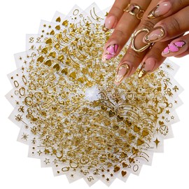 30 Sheets Gold Nail Stickers Gold Curve Nail Designs Self-Adhesive Hearts Nail Decals Cute Star Nail Art Stickers Bow Summer Sticker Manicure Accessories for Women Girls DIY Acrylic Nails