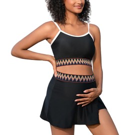 MOMOOD Maternity Swimsuit Bikini Set Two Piece Pregnancy Bathing Suit High Waisted Maternity Swimwear Color Block Swim Skirts with Built-in Shorts Black S