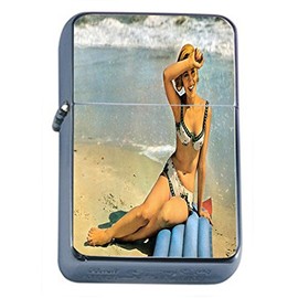 Perfection In Style Silver Flip Top Oil Lighter Vintage Beach Girls Design 001