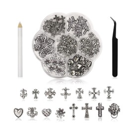 BPTRKOM Pack of 75 3D Nail Charms, Silver Nail Art Charm with Gothic Retro Punk Hearts and Skulls, Chrome-Plated Metal Nail Art Charm with Gothic Retro Punk Hearts and Skulls Nail Decoration