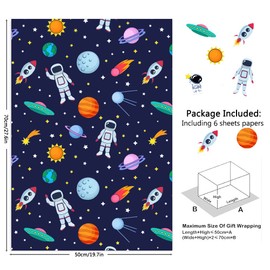Space Birthday Wrapping Paper For Kids Girls Boys, Astronaut Solar System Planets Rocket Galaxy Gift Wrap for Space Lover Baby Shower Kindergarten Party, 6 Sheets Folded Flat 50x70cm Per Sheet