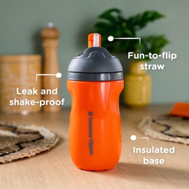 Tommee Tippee Superstar Straw Insulated Bottle, for 12m+, 9oz, Pack of 1 Non-Spill Toddler Water Bottle, Orange, with Easy-Hold Handle and Soft Silicone Straw, Leak-Proof and BPA Free