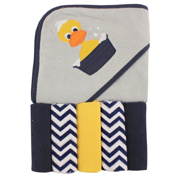 Luvable Friends Unisex Baby Hooded Towel with Five Washcloths,cotton,polyester, Duck,