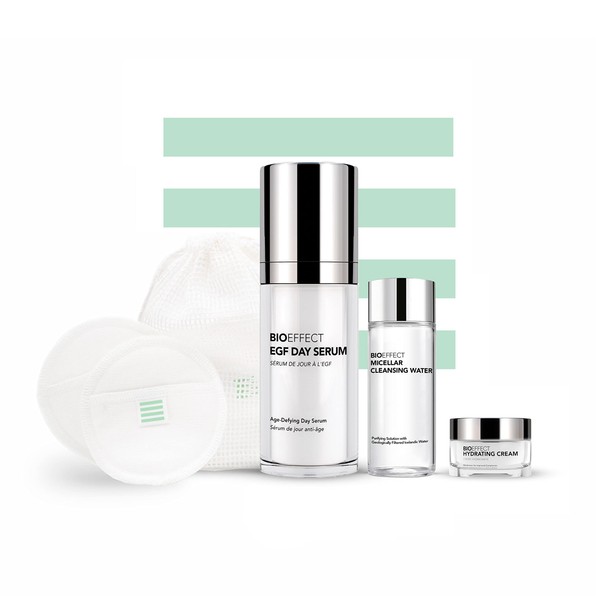 BIOEFFECT EGF Day Serum with Hyaluronic Acid and Plant-Based EGF, Anti-Aging Skin Care Gift Set Includes Deluxe Micellar Water Cleanser, Hydrating Cream Face Moisturizer, Cotton Pads and Makeup Bag