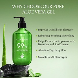 Aloderma Aloderma 99% Organic Aloe Vera Gel for Skin Made within 12 Hours of Harvest, Non-Sticky Aloe Vera Gel for Sunburn Relief, Natural, Soothing Hydrating Aloe Vera for Face & Hair, Lightweight Gel, 10.6oz