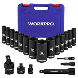 WORKPRO 20-Piece 1/2＂ Drive Deep Impact Socket Set, 6-Point, Cr-V Steel, 10-27mm, Universal Joint, Adapter and Extension Bar, Metric