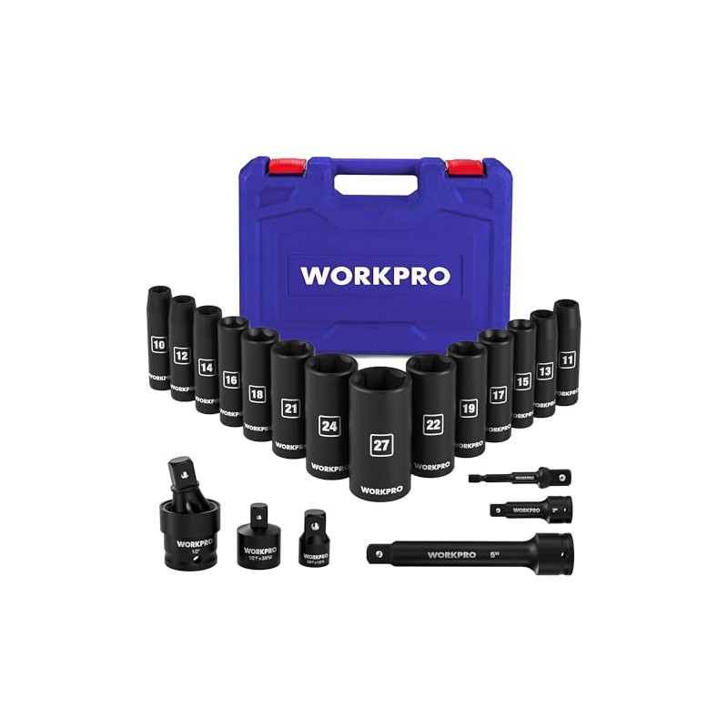 WORKPRO 20-Piece 1/2＂ Drive Deep Impact Socket Set, 6-Point, Cr-V