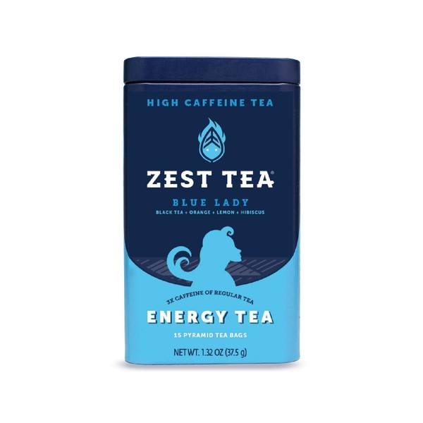 Zest Tea Premium Energy Hot Tea, High Caffeine Blend Natural & Healthy Traditional Black Coffee Substitute, Perfect for Keto, 150 mg Caffeine per Serving, Blue Lady Black Tea, Tin of 15 Sachet Bags