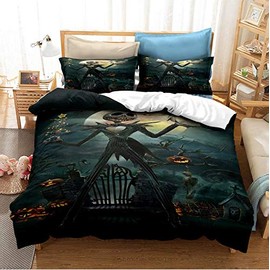 Ankeyoo Vankie Nightmare Before Christmas Bedding Set 3D Skull Duvet Cover Set Jack Skellington, Soft 100% Microfiber Bed Set 3PCS, 1 Duvet Cover, 2 Pillowcase, No Comforter King Size