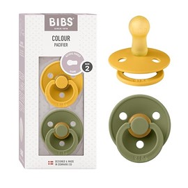 BIBS Colour Paquete de 2 chupetes. Libre de BPA, Tetina redonda. Látex natural, Talla 2 (6-18 meses) Honey Bee/Olive