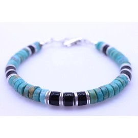 Jen Herrmann Jewelry Arizona Turquoise & Black Onyx Bracelet, 6mm Bluish Green Heishi Gemstone Beads - 7.5"