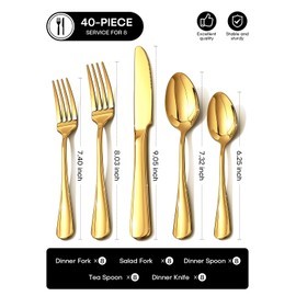 Gold Silverware Set for 8, 40 Piece Food-Grade Stainless Steel Flatware Set, Rust-proof Mirror Polished Cutlery Utensil Set Include Knives Forks Spoons for Kitchen Restaurant,Dishwasher Safe