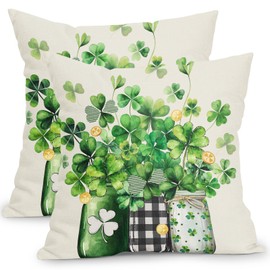 Kawani St Patricks Day Pillow Covers 18x18 Inch Set of 2 Green Lucky Clovers Shamrock Vase Outdoor Decorative Throw Pillow Covers Rustic Spring Pillowcases Cushion Covers for Couch Decor