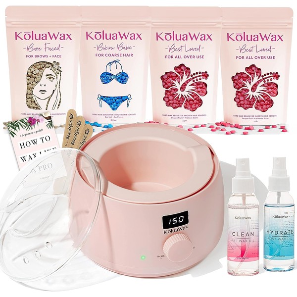 KoluaWax Premium Waxing Kit for Women - Hot Melt Wax Warmer for Hair Removal, Eyebrow, Bikini, Legs, Face, Brazilian Wax & More - Machine + 4-Pack Hard Wax Beads + Accessories, Blush