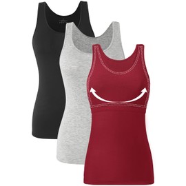 Orrpally Basic Tank Top with Bra for Women Cotton Shelf Bra Undershirt Cami Tank Tops 3-Pack Black/Gray/Wine Red S