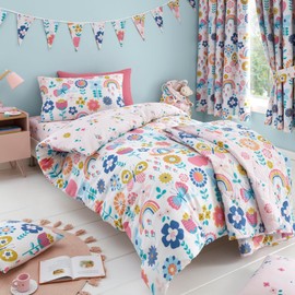 Happy Linen Company Girls Boys Kids Flower Garden Butterflies Multicolour Single Reversible Soft Easy Care Bed Linen Duvet Cover Quilt Bedding Set With Pillow Case