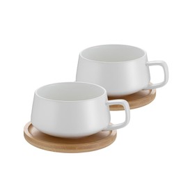 Set of 2 Cappuccino Cups with Saucer, 320 ml Coffee Cups, Espresso Cups Made of Stoneware for Tea, Coffee, Cappuccino, Coffee Cups with Wooden Disc, White