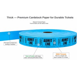 Tacticai 2000 Raffle Tickets, Admit One, Blue (8 Color Selection), Single Roll, Ticket for Events, Entry, Class Reward, Fundraiser & Prizes