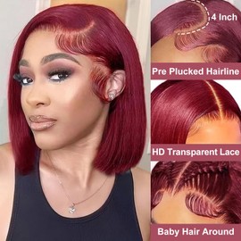 Thogriy 99j Burgundy Bob Wig Human Hair 13x4 HD Transparent Lace Front Wigs Human Hair 180% Density Pre Plucked Short Bob Straight Wigs Human Hair for Women 8 Inch