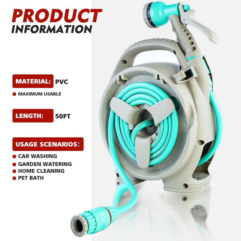 50FT Retractable Garden Hose Reel, Lightweight & Portable Hose Reel