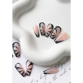 Press on Nails Medium Coffin French Tip Fake Nails Full Cover False Nails with White Butterfly Designs Black Glossy Acylic Nails with Rhinestones Artificial Nails for Women Girls 24 Pcs