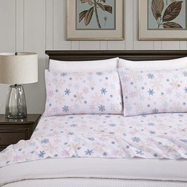 Lodge & Linen Flannel Sheets Queen Size Rich Cotton -High GSM Flannel Bed Sheet Deep Pockets - Warm & Cozy Flannel Sheet Set for All Seasons (Mono Snowflakes)