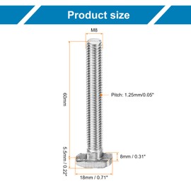 sourcing map 5Pcs T Slot Drop-in Bolt, M8 x 60mm T-Slot Bolts 304 Stainless Steel T Shape Stud Sliding Screw Hammer Head T-Bolt for Standard 4040 Series Aluminum Profile
