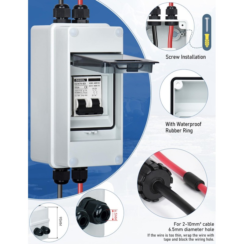 DIHOOL AC DC Circuit Breaker with IP65 Din Box for