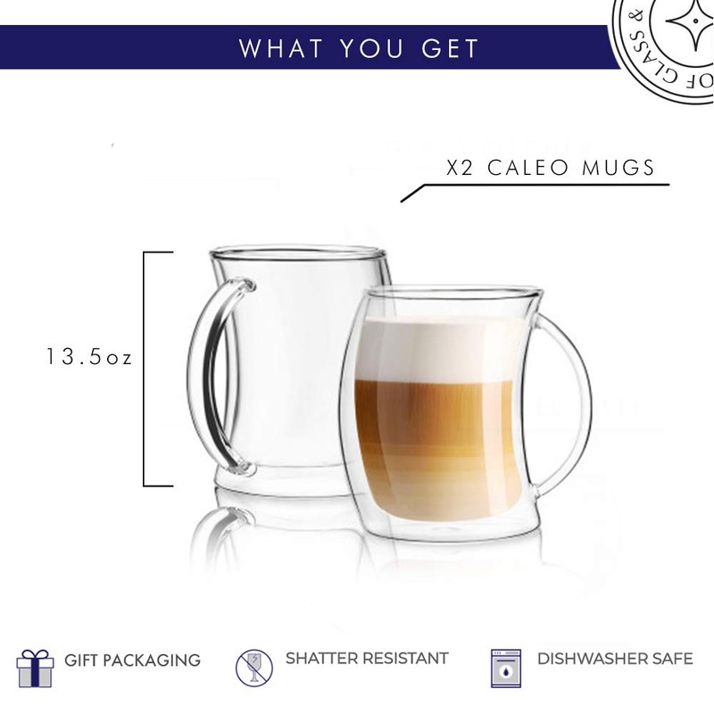 JoyJolt Caleo Collection Double Wall Insulated Glass Coffee Cups (Set