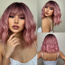 Pelucas Bob Cortas Onduladas Claro con Flequillo Peluca al Hombro Rizada y Ondulada Pelucas Cosplay de Sintético para Mujer (Rosa Ombre)