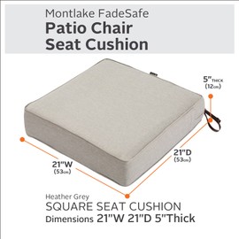 Classic Accessories Montlake FadeSafe Water-Resistant 21 x 21 x 5 Inch Square Outdoor Seat Cushion, Patio Furniture Chair Cushion, Heather Grey