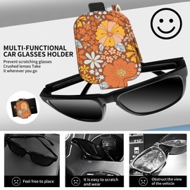 DtuiQSDRV Leather Magnetic Sunglass Holder for Car Sun Visor, Cute Eyeglass Ticket Card Hanger Clip, Universal Auto Interior Accessories for SUV Pickup Truck Retro Orange Floral
