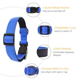 HEELE Dog Collar, Reflective Dog Collar, Soft Neoprene Padded Breathable Nylon Pet Collar Adjustable for Small Dogs, Royal-Blue, S(26-38cm)