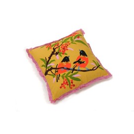 HAB & GUT -IC009A- Decorative Cushion with Filling Birds and Flowers Embroidered with Fringe 40 x 40 cm Saffron Yellow Background