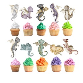 10 pcs Dragons Theme Cupcake Toppers for kids | Dragon Party Supplies for Birthday, Baby Shower | Dragons Party Supplies