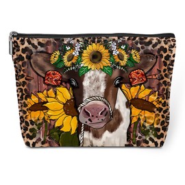 Western Makeup Bag, Cow Cosmetic Bag, Cow Gifts, Cow Print Stuff, Leopard Western Accessories Stuff, Sunflower Western Gifts for Women Girls Cow Lovers Owner BFF Birthday Graduation Cow Themed Gifts