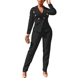 Dmoled Women's Business Blazer Suit Long Sleeves Two Piece Solid Work Pant Suit Business Office Lady Suits Sets Black