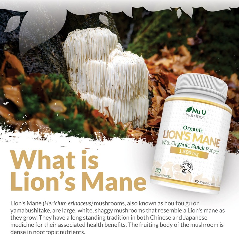 Organic Lions Mane Supplement 1500mg - 180 Vegan Capsules -