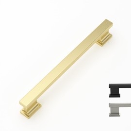 Rergy 10 Pack Cabinet Handles, 6-1/4inch Hole Center Pulls, Gold Kitchen Drawer Pulls and Knobs, Square Hardware for Kitchen Bathroom Dresser