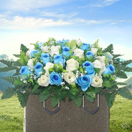 LOSFOTBO Artificial Cemetery Flowers for Grave,Headstone Flowers Saddle Outdoor Grave Saddle Memorial Silk Roses Flowers for Cemetery Decorations