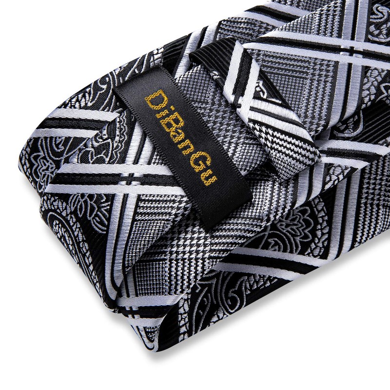 DiBanGu Silk Black Grey Paisley Necktie and Pocket Square Cufflinks
