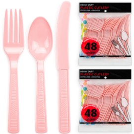 DecorRack Plastic Cutlery Set, Pink Colored Plastic Silverware Sets for Parties, 96 Piece Bulk Heavy Duty Utensils (Pink, 96 Pieces)