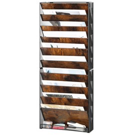 Solinxe 10-Tier Wall File Organizer, Wood Mail Organizer Wall Mounted Paper Document Magazine Holder, Hanging Clipboard Storage Basket with Tray for Office Home School Organization, Black/Antique