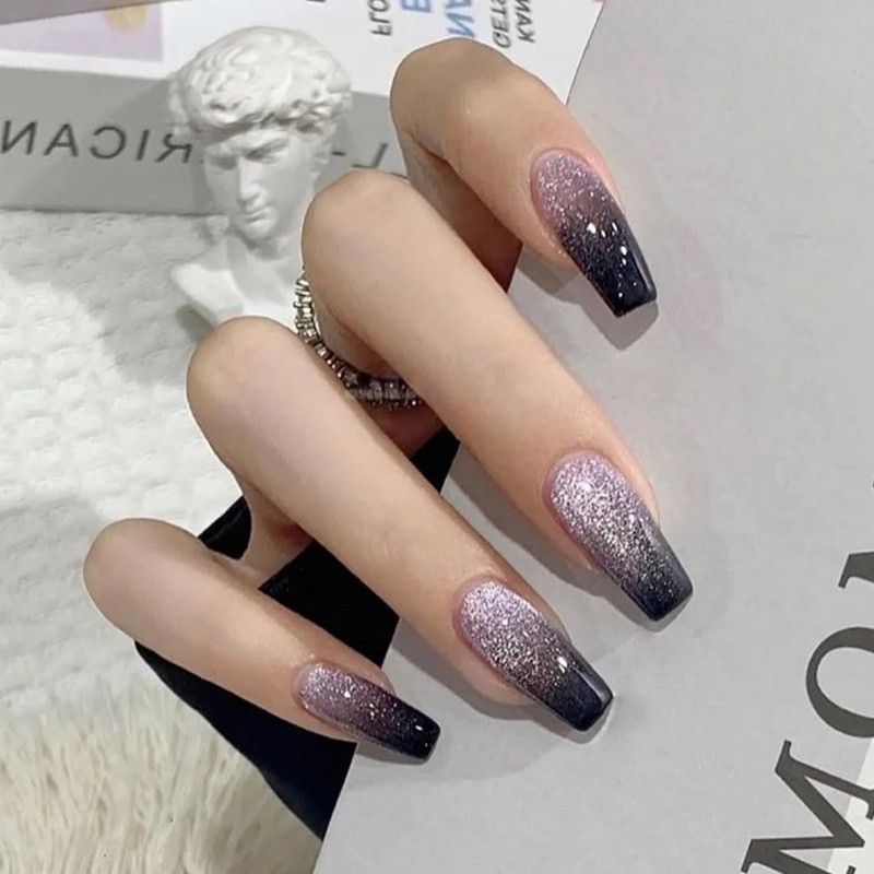 24 Pcs Black Gradient Pink Cat Eye Press on Nails