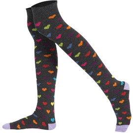 Mysocks Unisex over-the-knee socks made of extra fine combed cotton, floral designs, seamless toe, soft latex band, Multicoloured Hearts Anthracite