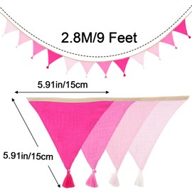 G2PLUS Fabric Bunting with Tassels, Fabric Bunting for Children's Room, Pink, 2.8 m Fabric Garland with 12 Bunting, Muslin Bunting, Double-Sided for Children's Room, Birthday, Party