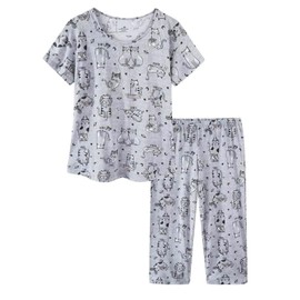 CHUNG Women Cotton Pajamas Set Short Sleeve Top Capri Pants Sleepwear Plus Size (Grey Kitty,S)