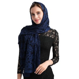 Leimandy Rectangular Lace Veil for Women Lace Scarf Catholic Orthodox Church Head Covering for Latin Mass Baptism Confirmation V25 (Navy)